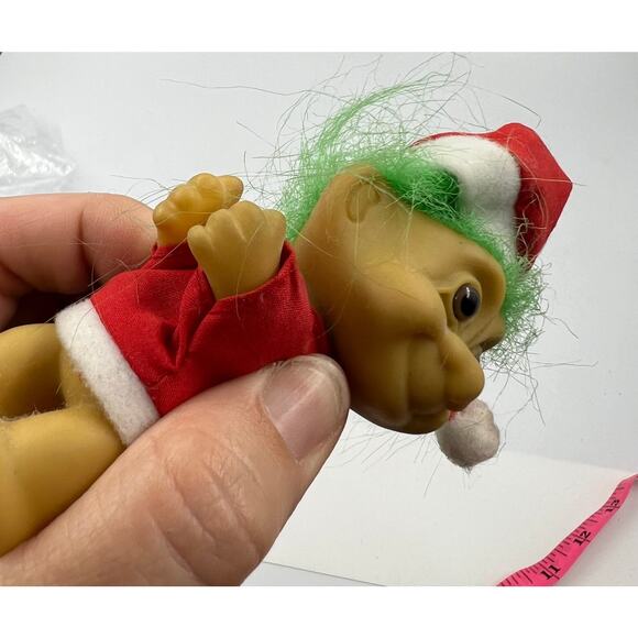 RUSS Vintage Troll Doll Green Hair Santa Claus Opening Clip Hands 4" Christmas - Picture 5 of 8
